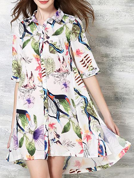 Romwe White Lapel Belted Print High Low Dress