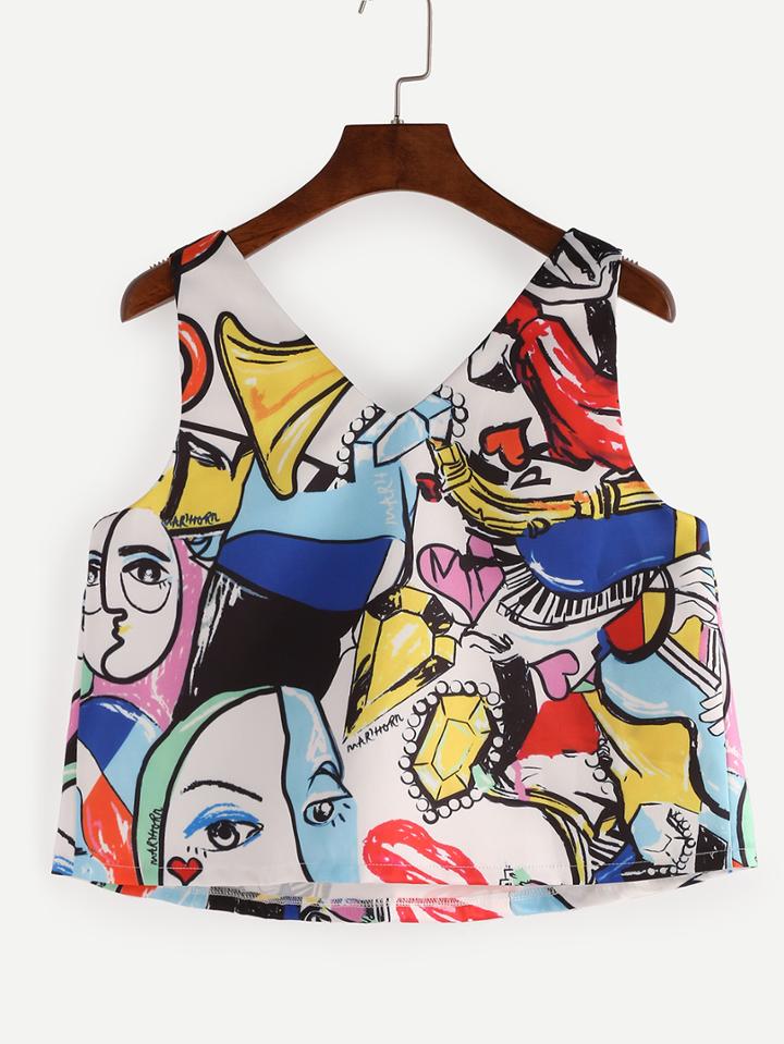 Romwe V Neck Graffiti Print Tank Top