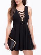 Romwe Deep V Neck Bandage Skater Dress