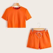 Romwe Neon Orange Tee And Slant Pocket Shorts Set