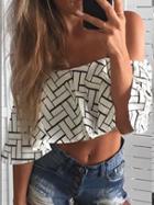 Romwe Flounce Cold Shoulder Geometric Print Crop Top - White