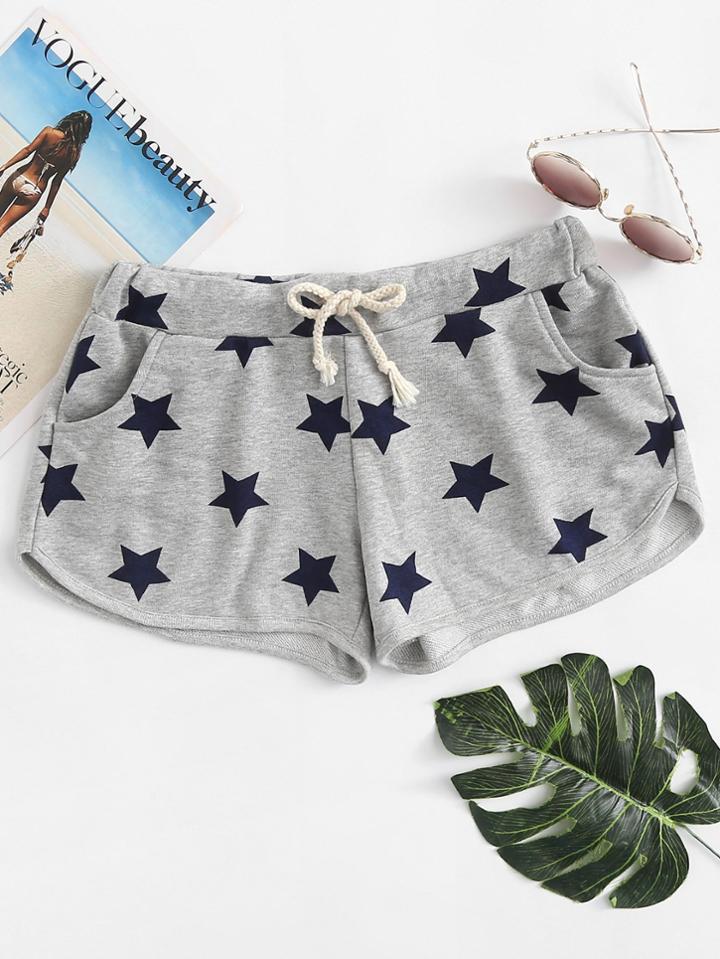Romwe Drawstring Waist Star Print Shorts