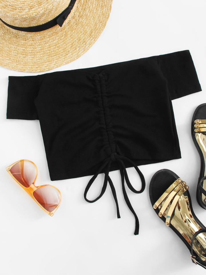 Romwe Off Shoulder Drawstring Crop Tee