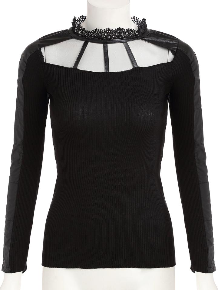 Romwe Lace Crochet Pu Insert Slim Sweater
