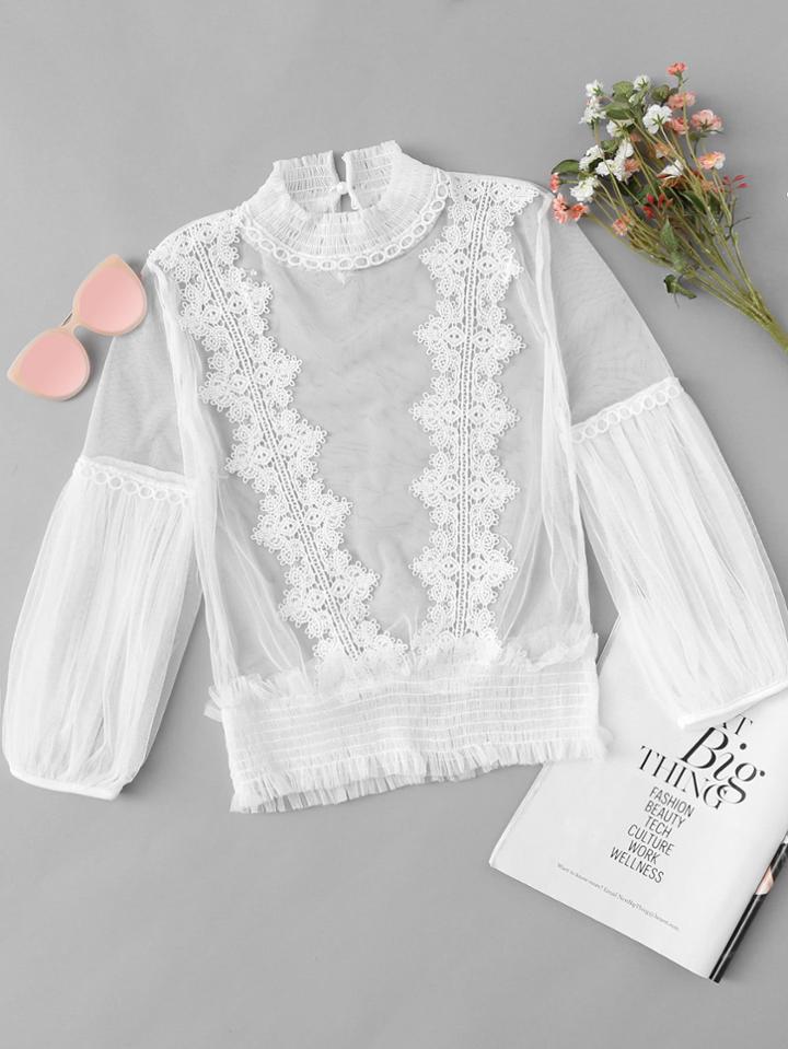Romwe Frill Trim Lace Patch Sheer Mesh Top
