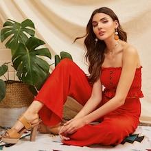 Romwe Button Frill Trim Shirred Bandeau Top & Wide Leg Pants Set