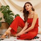 Romwe Button Frill Trim Shirred Bandeau Top & Wide Leg Pants Set