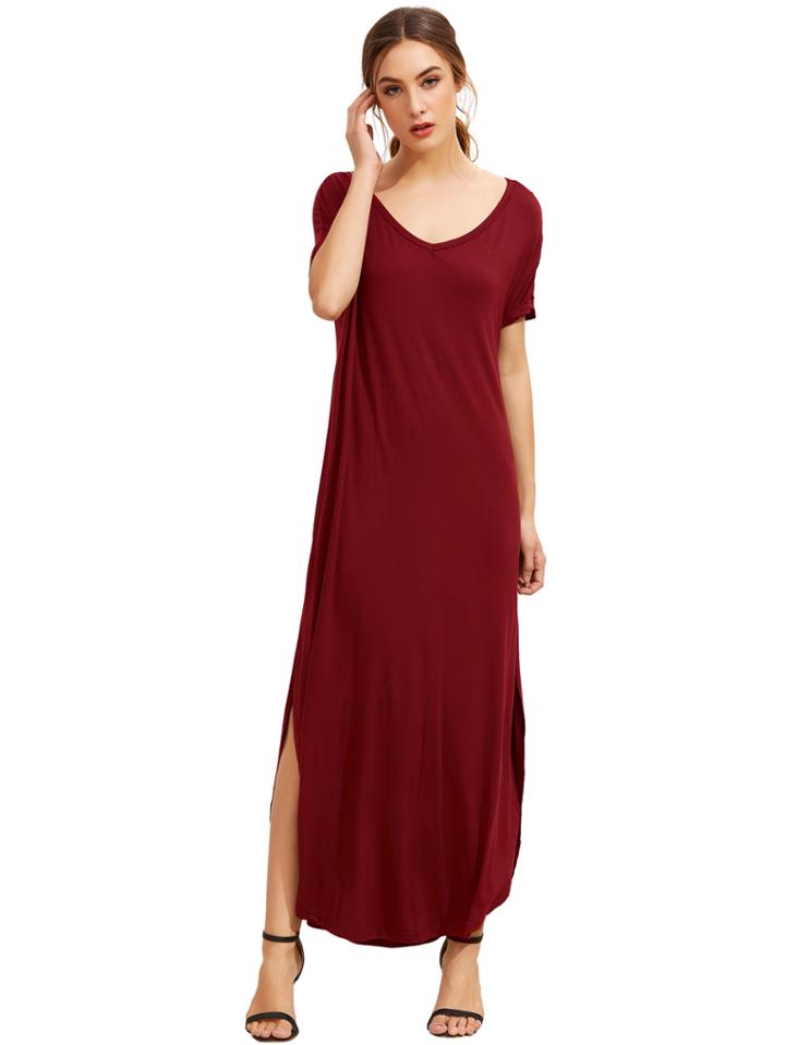 Romwe Burgundy Short Sleeve Pocket Split Side Dress
