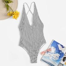 Romwe Criss-cross Striped Backless One Piece Swimsuit