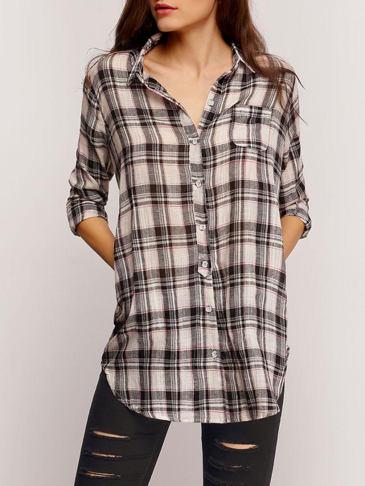 Romwe Plaid Pockets Buttons Loose Blouse