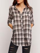 Romwe Plaid Pockets Buttons Loose Blouse