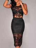 Romwe Black Lace Sleeve Crop Top With Midi Skirt