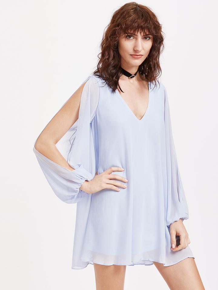 Romwe Plunging V Neckline Split Bishop Sleeve Open Back Chiffon Dress