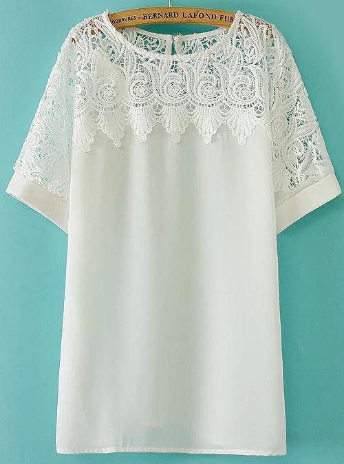 Romwe Round Neck Lace Crochet T-shirt