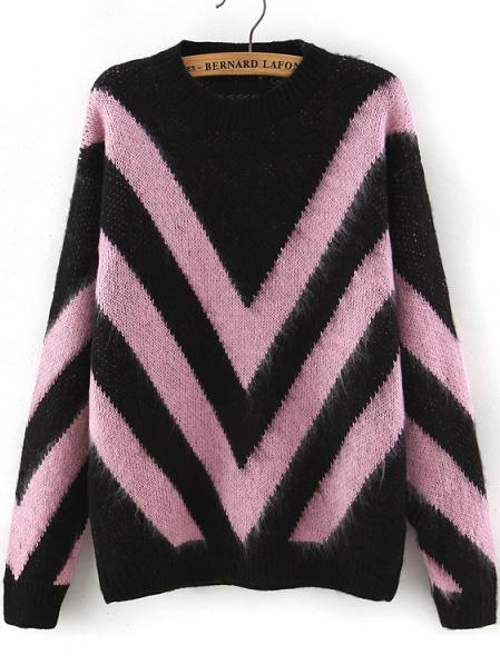 Romwe Crew Neck Wave Pattern Pink And Black Sweater