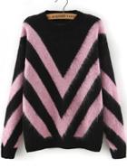 Romwe Crew Neck Wave Pattern Pink And Black Sweater