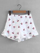 Romwe Cherry Print Ruffle Hem Shorts