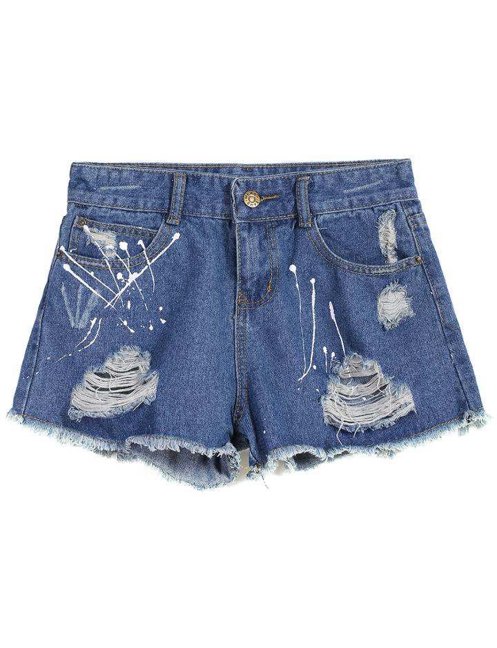 Romwe Ripped Pockets Fringe Denim Shorts