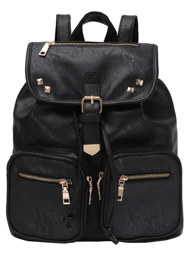 Romwe Black Rivet Zipper Pu Backpacks