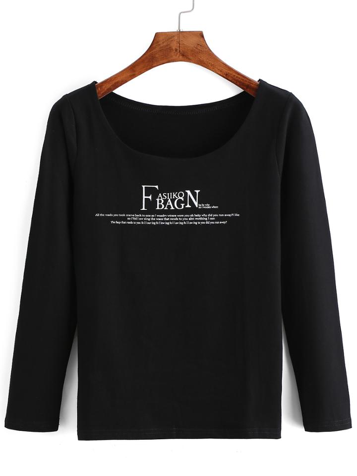 Romwe Letters Print Long Sleeve T-shirt