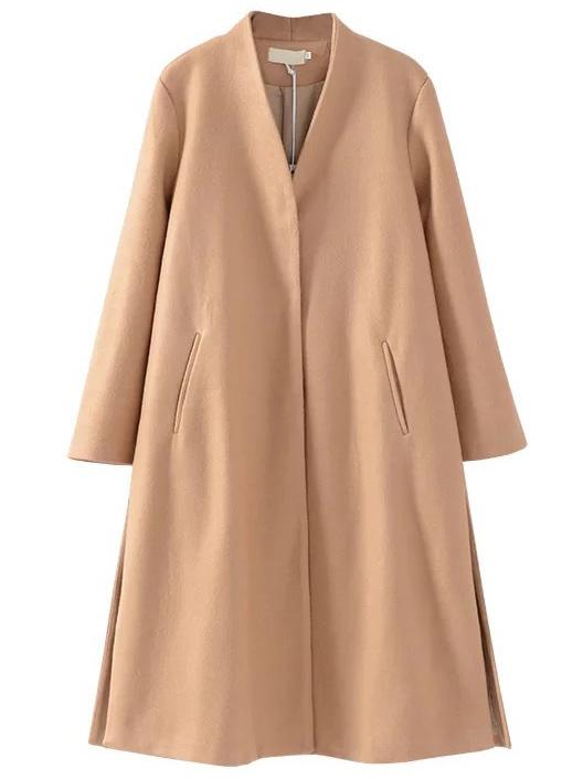 Romwe Camel Drawstring Waist Side Slit Long Coat