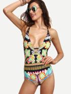 Romwe Multicolor Flower Print Plunge Neck One-piece Swimwear