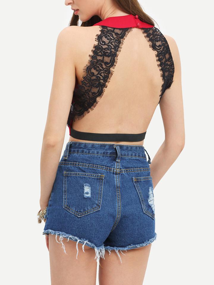 Romwe Burgundy Keyhole Front Contrast Lace Backless Crop Top