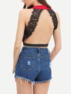 Romwe Burgundy Keyhole Front Contrast Lace Backless Crop Top