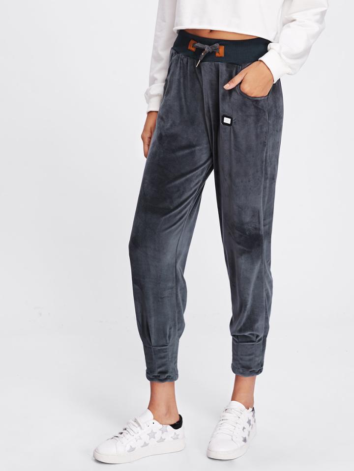Romwe Drawstring Waist Patch Detail Velvet Pants