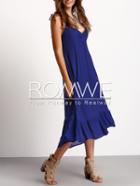 Romwe Navy Spagettic Strap Ruffle Flowy Dress