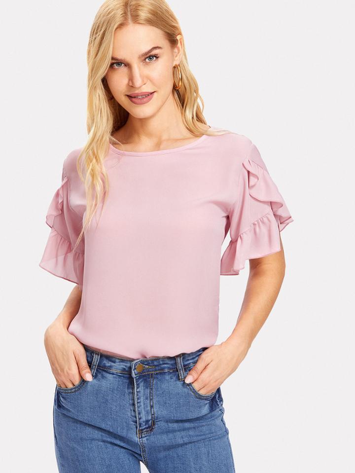 Romwe Asymmetrical Ruffle Trim Sleeve Top