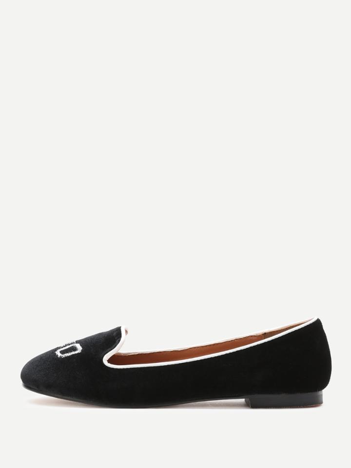 Romwe Black Letter Embroidery Velvet Flats