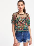 Romwe Buttoned Keyhole Botanical Embroidered Mesh Top
