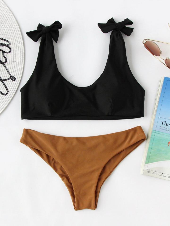 Romwe Bow Tie Shoulder Mix & Match Bikini Set