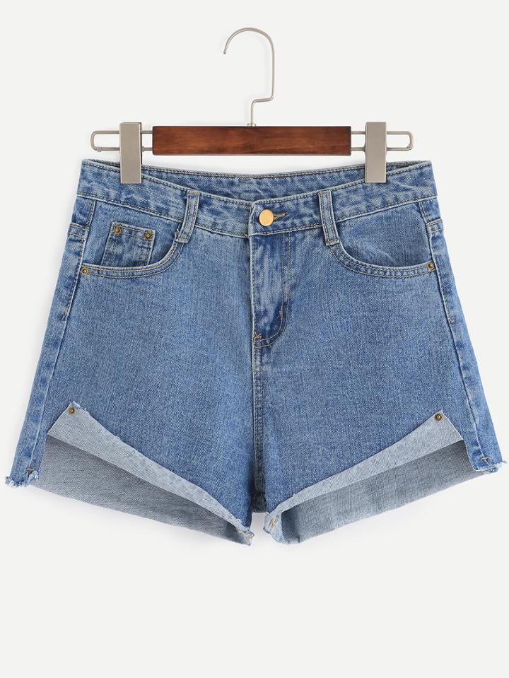 Romwe Blue Fold Over Raw Hem Denim Shorts
