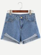 Romwe Blue Fold Over Raw Hem Denim Shorts