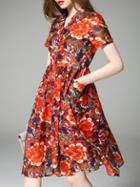 Romwe Red V Neck Pockets Print A-line Dress