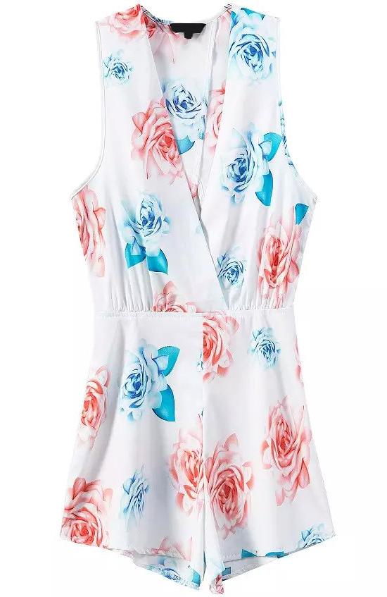 Romwe Deep V Neck Cut Out Flower Print Romper