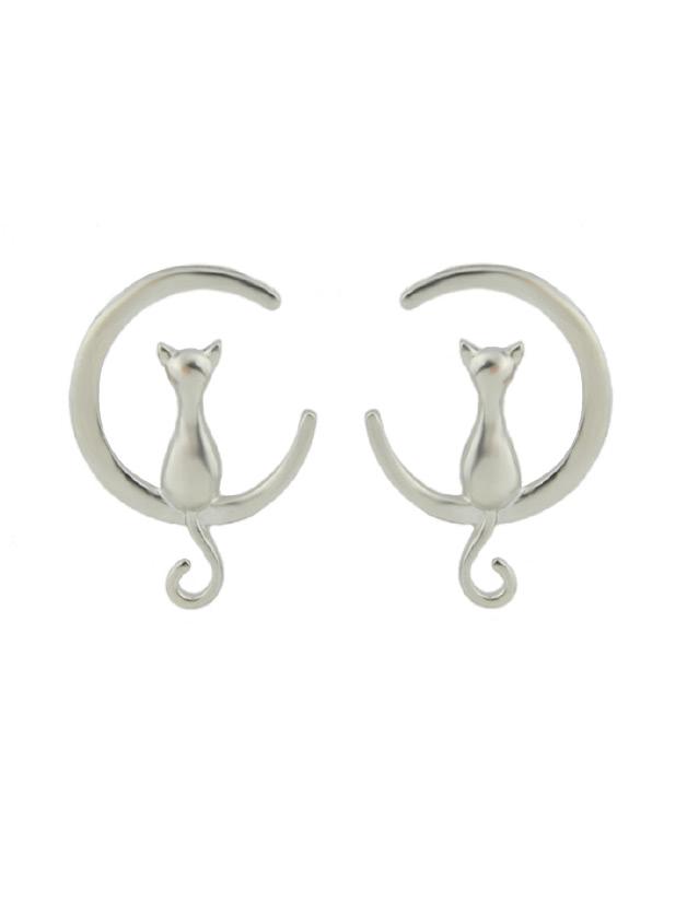 Romwe Silver Cute Moon Cat Stud Earrings For Women