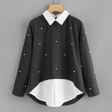 Romwe Contrast Collar 2 In 1 Pearl Beading Blouse