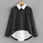 Romwe Contrast Collar 2 In 1 Pearl Beading Blouse