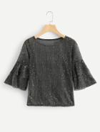 Romwe Tiered Fluted Sleeve Contrast Sequin Top