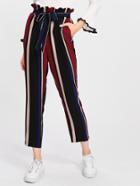 Romwe Self Belted Frilled Waist Striped Pants
