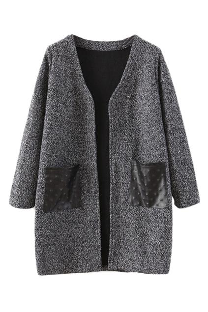 Romwe Pu Pockets Buttonless Grey Cardigan