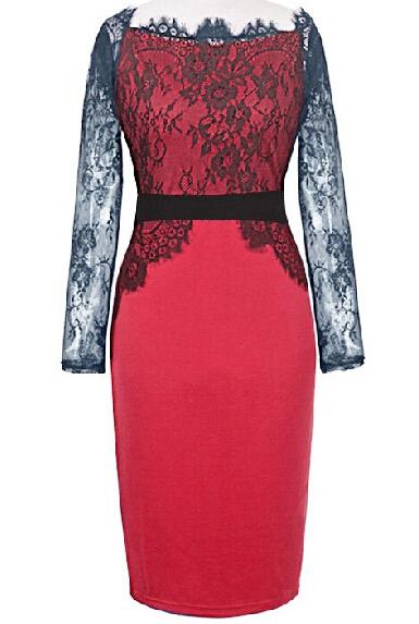 Romwe Lace Embellished Bodycon Red Dress
