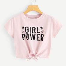 Romwe Letter Print Knot Crop Tee