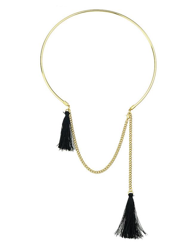 Romwe Black Long Tassel Choker Necklace