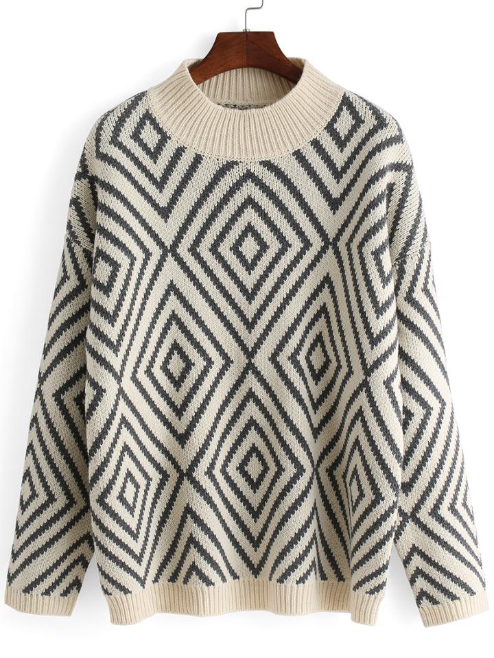 Romwe Round Neck Geometric Print Loose Sweater