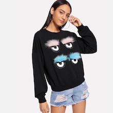 Romwe Faux Fur Contrast Eyes Print Pullover