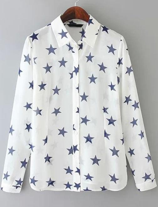 Romwe Stars Print Lapel Blouse